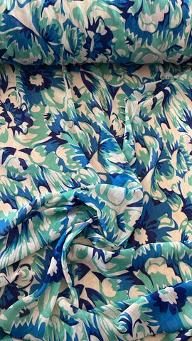 Mint and blue floral crinkle chiffon