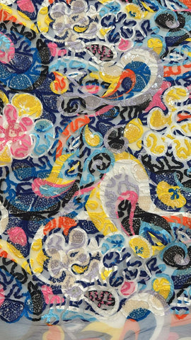 Blue yellow abstract sequin embroidered tulle lace