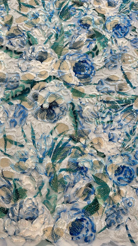 White blue abstract floral sequin embroidered tulle lace
