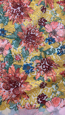 Yellow floral sequin embroidered tulle lace
