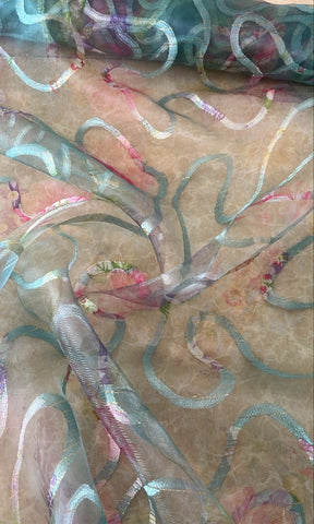 Turqoise abstract swirly burnout chiffon organza