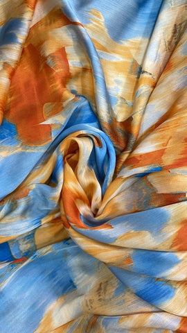 Blue and brown watercolour crinkle silk