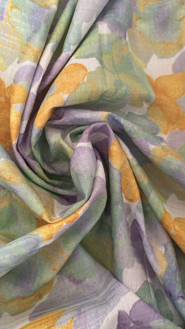 Lilac and yellow floral striped cotton