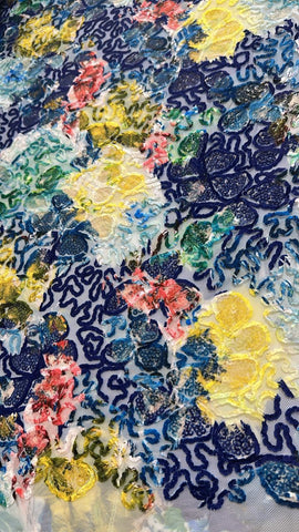 Blue yellow abstract sequin embroidered tulle lace