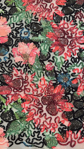 Red floral sequin embroidered tulle lace