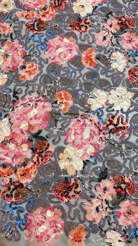 Pink and grey  floral sequin embroidered tulle lace