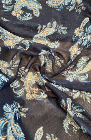 Blue paisely metallic crinkle chiffon