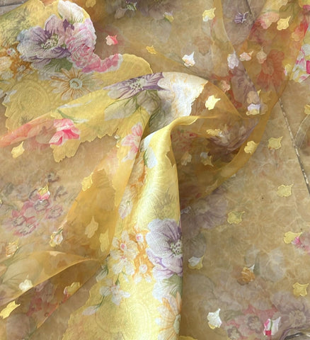 Yellow floral burnout chiffon organza
