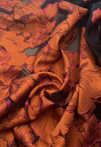 Burnt orange and pink floral organza brocade