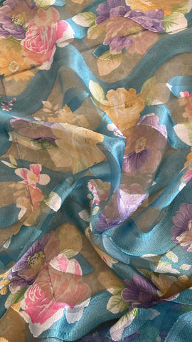 Turqoise swirly floral  burnout chiffon  organza