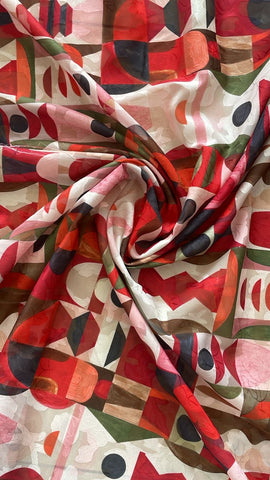 Red brown abstract shape floral burnout organza chiffon