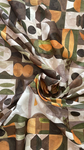 Brown army green abstract shape floral burnout organza chiffon