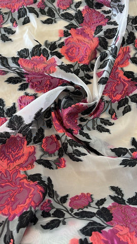 Magenta and black floral  organza brocade