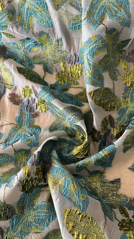 Olive and turquoise floral organza brocade