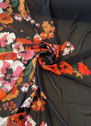 Black big floral border chiffon