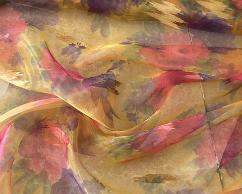 Mustard pink and purple floral burnout chiffon organza