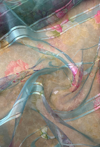 Turquoise striped  burnout chiffon organza