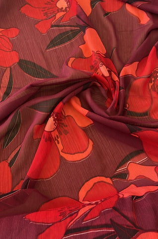 Red big floral crinkle chiffon