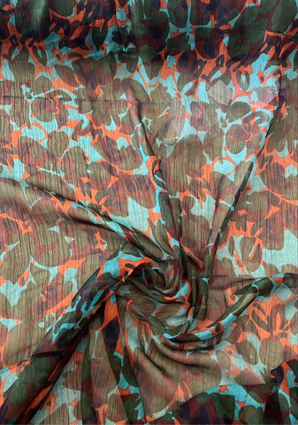 Green and orange floral crinkle chiffon