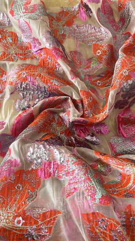 Orange and pink silver  floral organza brocade