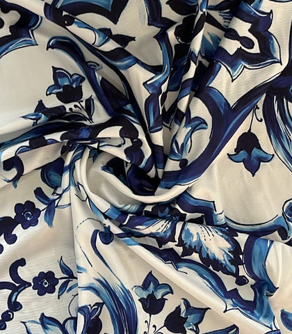 Blue abstract border Kara silk