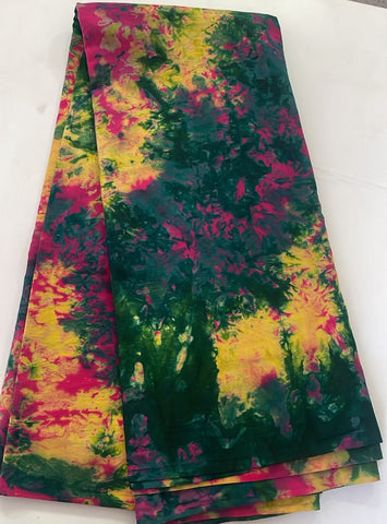 Pink emerald green and yellow  tie and dye African print cotton
