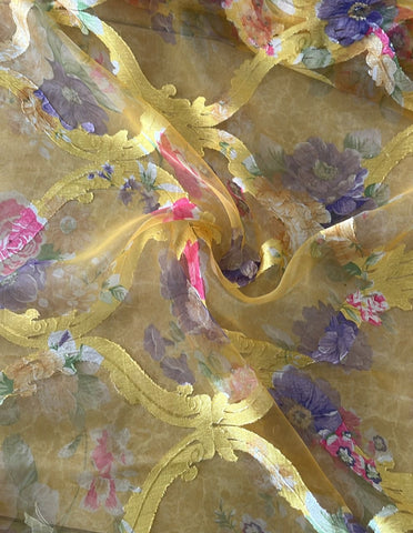 Yellow and purple floral burnout chiffon organza