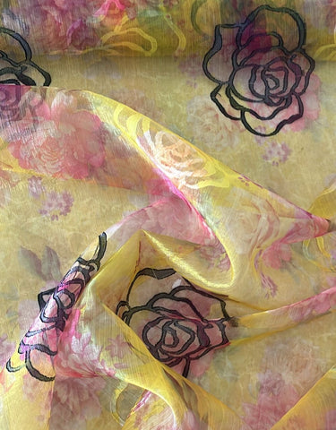 Yellow crinkle rose burnout chiffon organza