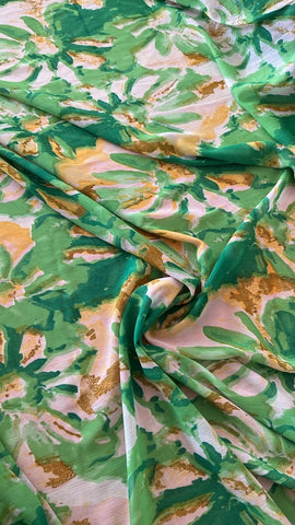 Green floral crinkle chiffon