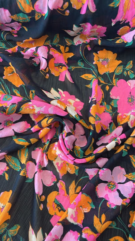 Orange and pink floral crinkle chiffon
