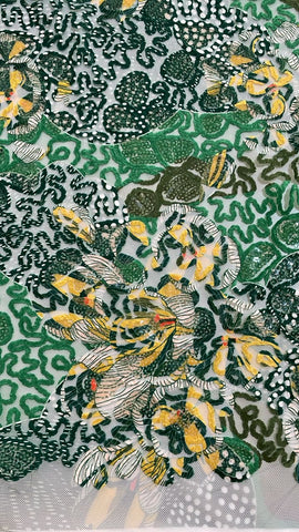 Green floral sequin embroidered tulle lace