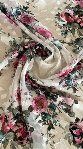 White pink rose floral burnout chiffon