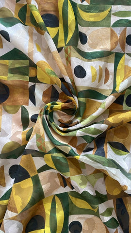 Green brown abstract shape floral burnout organza chiffon