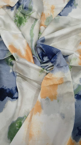 Blue orange and green watercolour crinkle silk