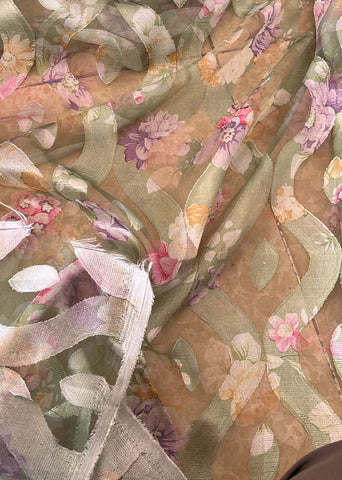 Mint and purple floral burnout chiffon organza