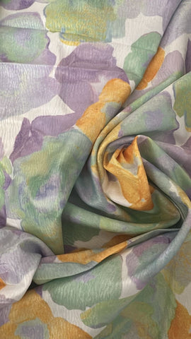 Lilac and yellow floral crinkle cotton satin
