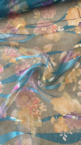 Turqoise and purple floral striped burnout organza