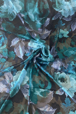 Teal and black floral  burnout chiffon