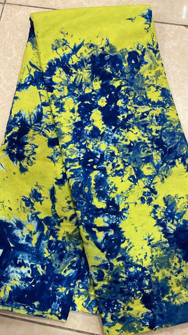 Lemon green and blue  splash tie and dye African print cotton