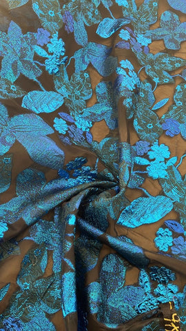 Blue black floral organza brocade