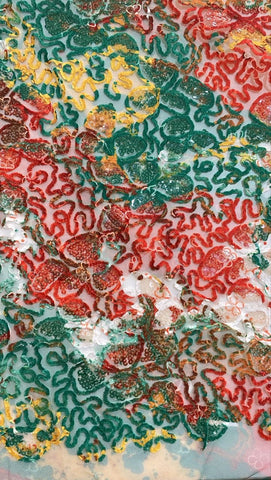 Red yellow green abstract sequin embroidered tulle lace