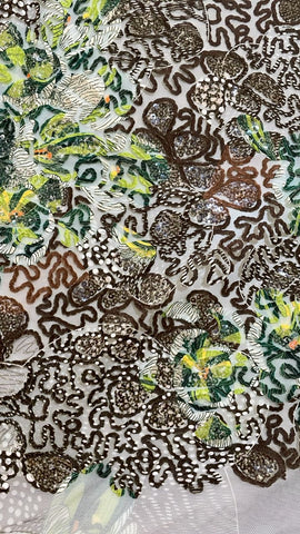 Brown floral sequin embroidered tulle lace