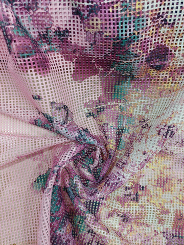 Purple floral windowpane net lace
