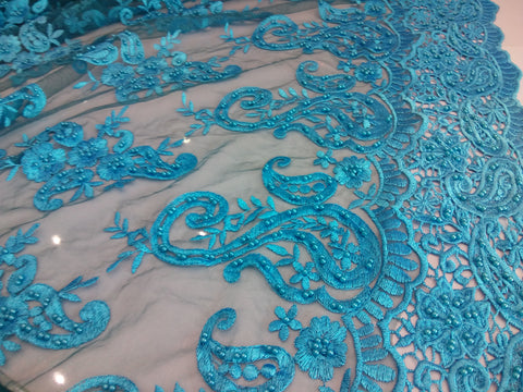 Touquise blue beaded French lace