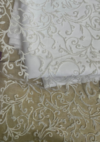 White swirly beaded studded lace