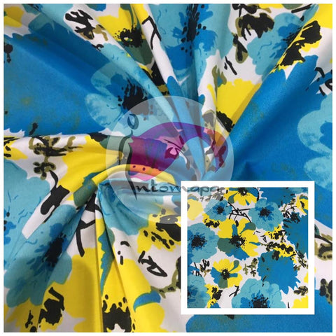 Blue and yellow floral polished cotton
